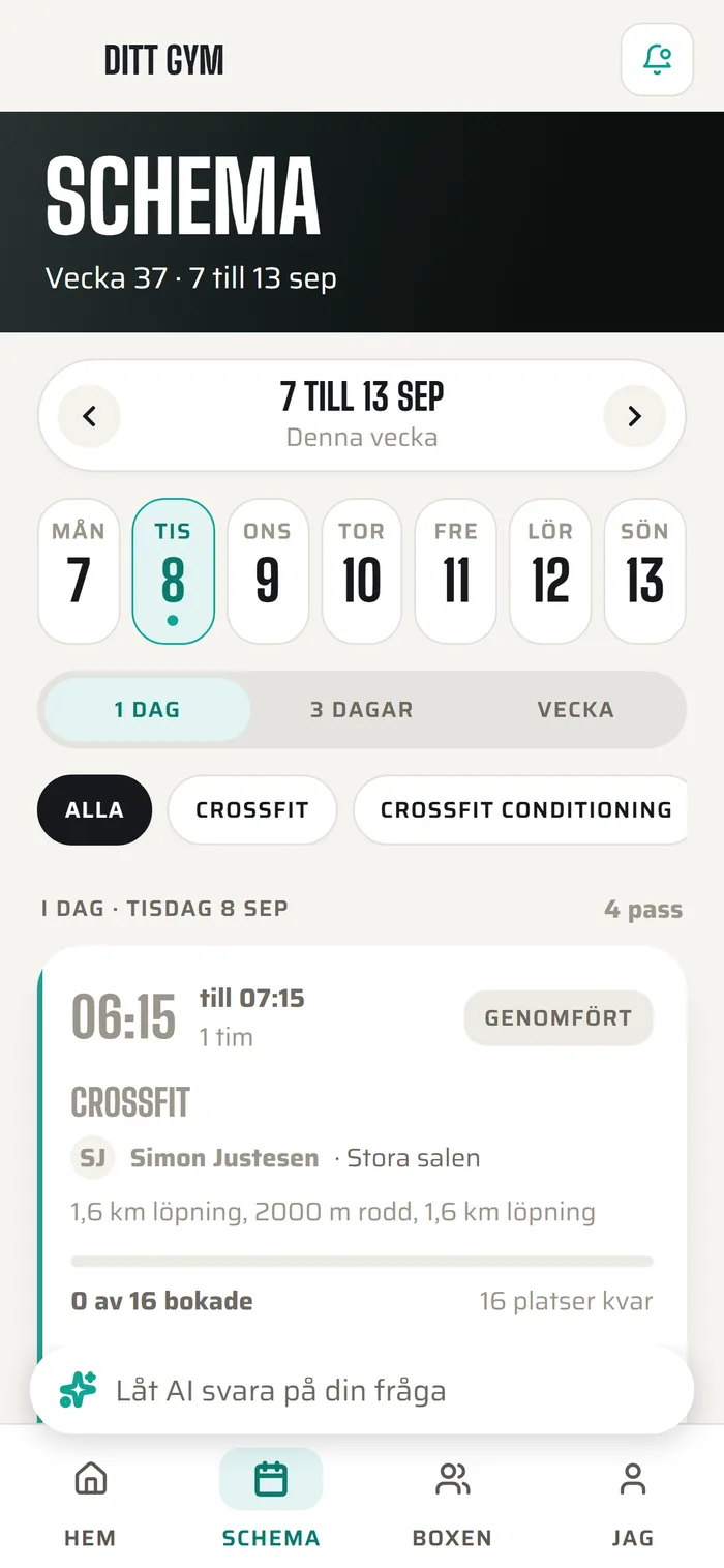 The member app's schedule with a week picker and today's classes