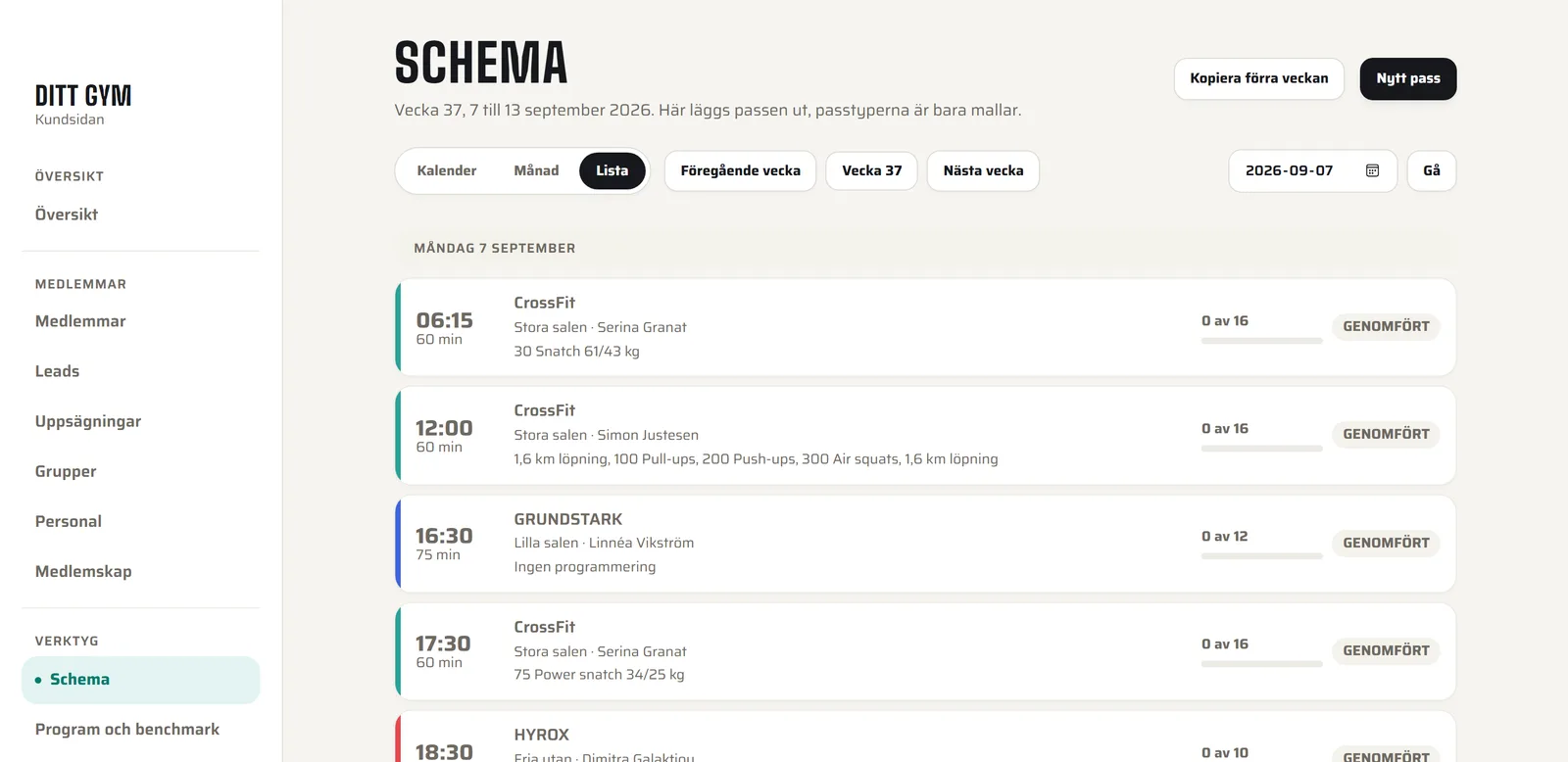 The owner portal's schedule with this week's classes